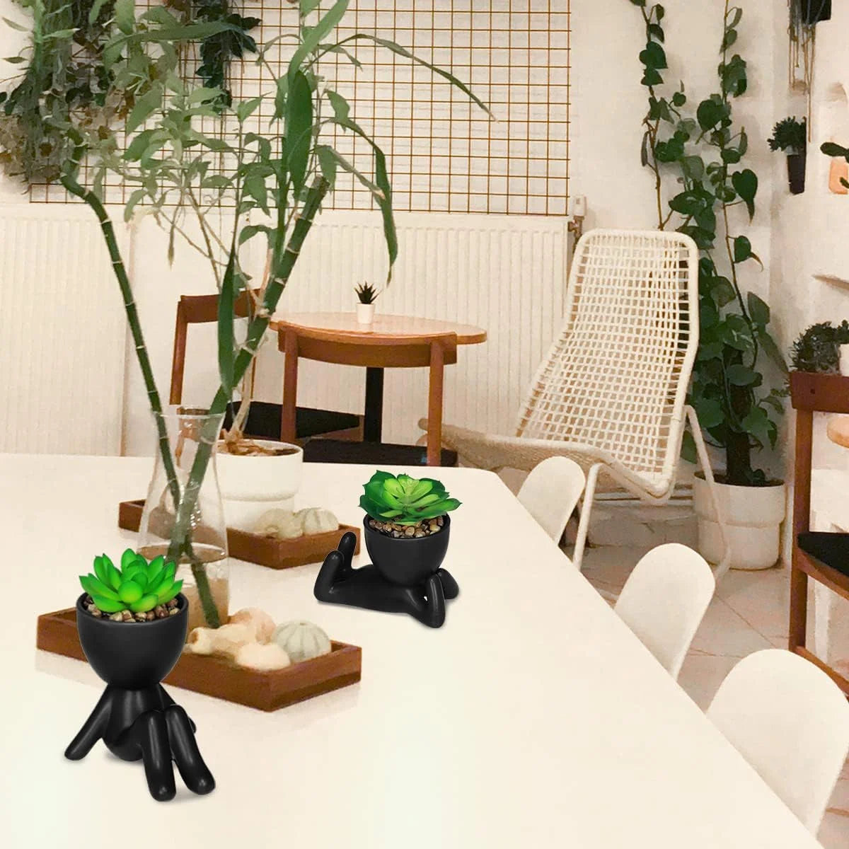 2PCS Cute Artificial Succulent Plants with Creative Human Shaped Pots, Desk Decoration Mini Potted Planter Succulent Decor for Desktop Office Bedroom Table 2PCS (Matte Black)