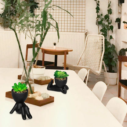 2PCS Cute Artificial Succulent Plants with Creative Human Shaped Pots, Desk Decoration Mini Potted Planter Succulent Decor for Desktop Office Bedroom Table 2PCS (Matte Black)