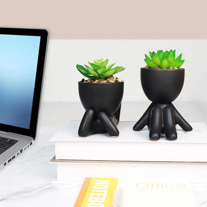 2PCS Cute Artificial Succulent Plants with Creative Human Shaped Pots, Desk Decoration Mini Potted Planter Succulent Decor for Desktop Office Bedroom Table 2PCS (Matte Black)