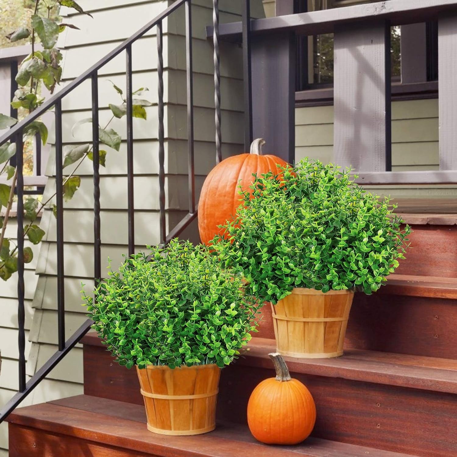 8 Bundles Artificial Greenery Stems Fake Plants Outdoor UV Resistant Faux Plastic Boxwood for Kitchen Office Garden Porch Farmhouse Window Box Home Decor