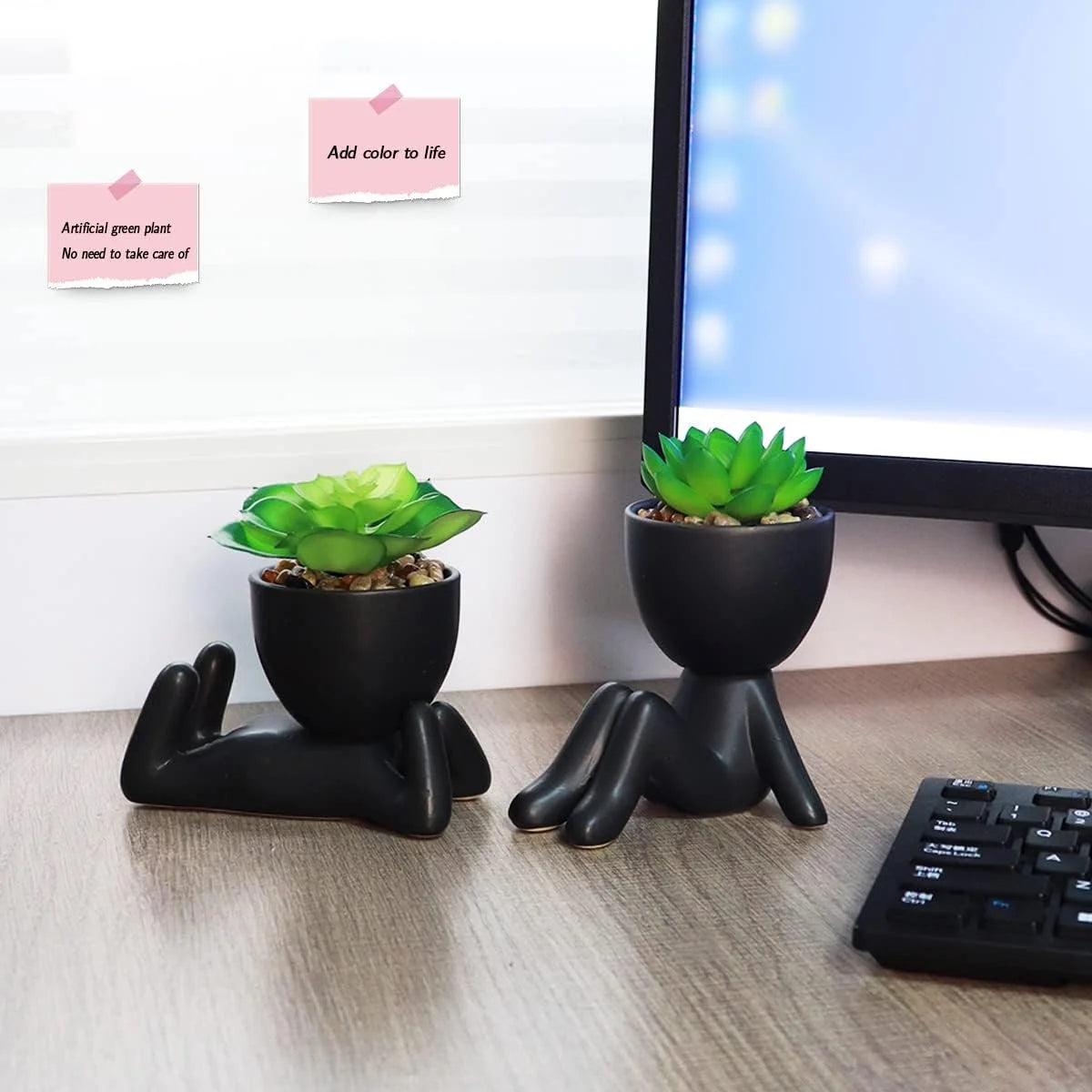 2PCS Cute Artificial Succulent Plants with Creative Human Shaped Pots, Desk Decoration Mini Potted Planter Succulent Decor for Desktop Office Bedroom Table 2PCS (Matte Black)