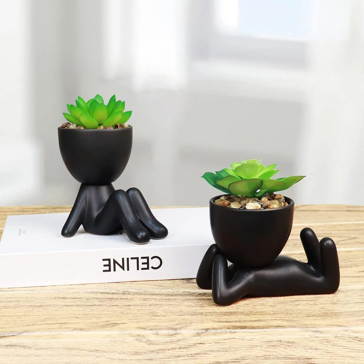 2PCS Cute Artificial Succulent Plants with Creative Human Shaped Pots, Desk Decoration Mini Potted Planter Succulent Decor for Desktop Office Bedroom Table 2PCS (Matte Black)