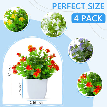 4Pack Artificial Plants Small Potted Plants with White Pots Simulation Eucalyptus Flowers Fake Green Plants for Home Office Bedroom Desktop Bathroom Living Room Decoration