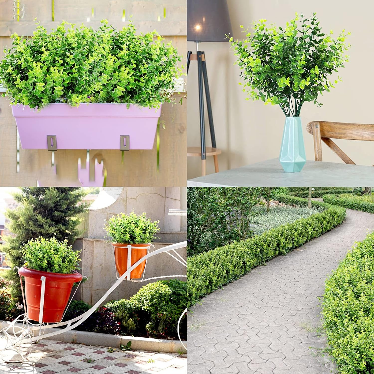 8 Bundles Artificial Greenery Stems Fake Plants Outdoor UV Resistant Faux Plastic Boxwood for Kitchen Office Garden Porch Farmhouse Window Box Home Decor