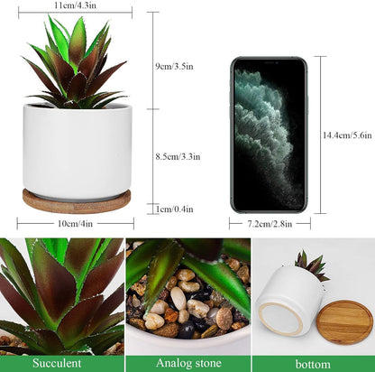 Artificial Succulents in Pot, Fake Potted Pineapple Succulents Plants with Ceramic Pot and Wooden Tray, Potted Artificial Plants for Home, Office Desk and Bathroom Decor 6.8Inch×4.3Inch