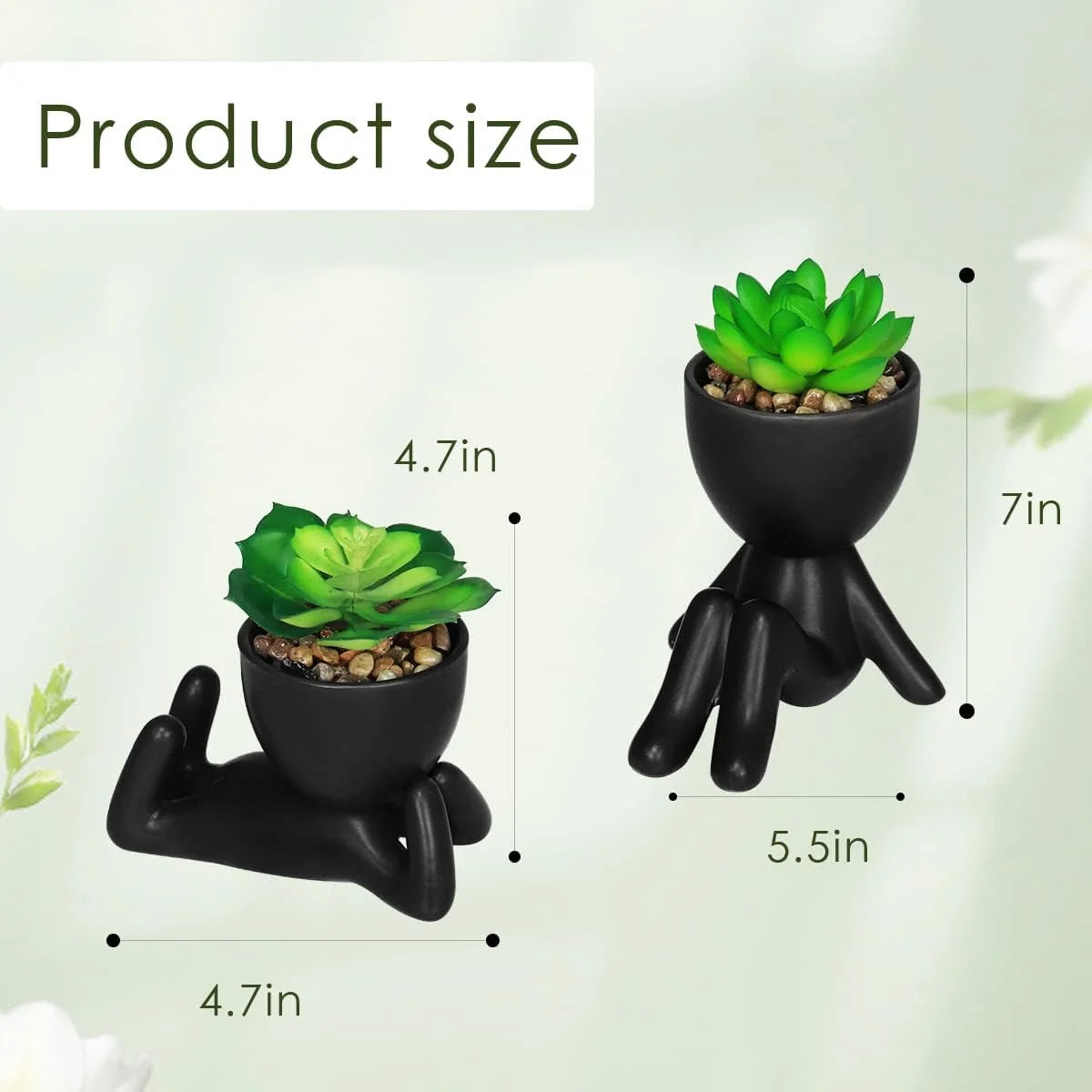 2PCS Cute Artificial Succulent Plants with Creative Human Shaped Pots, Desk Decoration Mini Potted Planter Succulent Decor for Desktop Office Bedroom Table 2PCS (Matte Black)