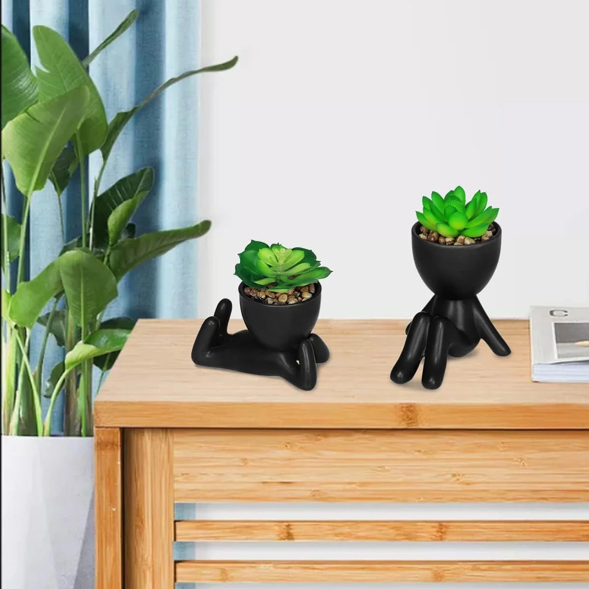 2PCS Cute Artificial Succulent Plants with Creative Human Shaped Pots, Desk Decoration Mini Potted Planter Succulent Decor for Desktop Office Bedroom Table 2PCS (Matte Black)