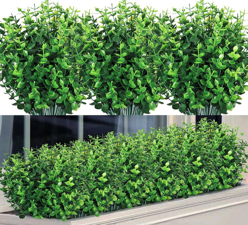 8 Bundles Artificial Greenery Stems Fake Plants Outdoor UV Resistant Faux Plastic Boxwood for Kitchen Office Garden Porch Farmhouse Window Box Home Decor