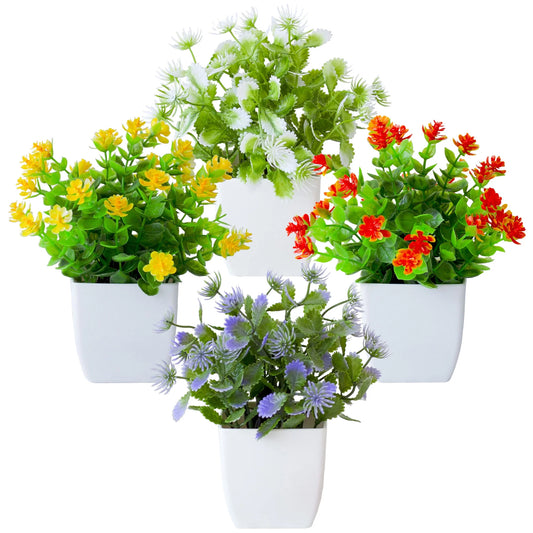4Pack Artificial Plants Small Potted Plants with White Pots Simulation Eucalyptus Flowers Fake Green Plants for Home Office Bedroom Desktop Bathroom Living Room Decoration