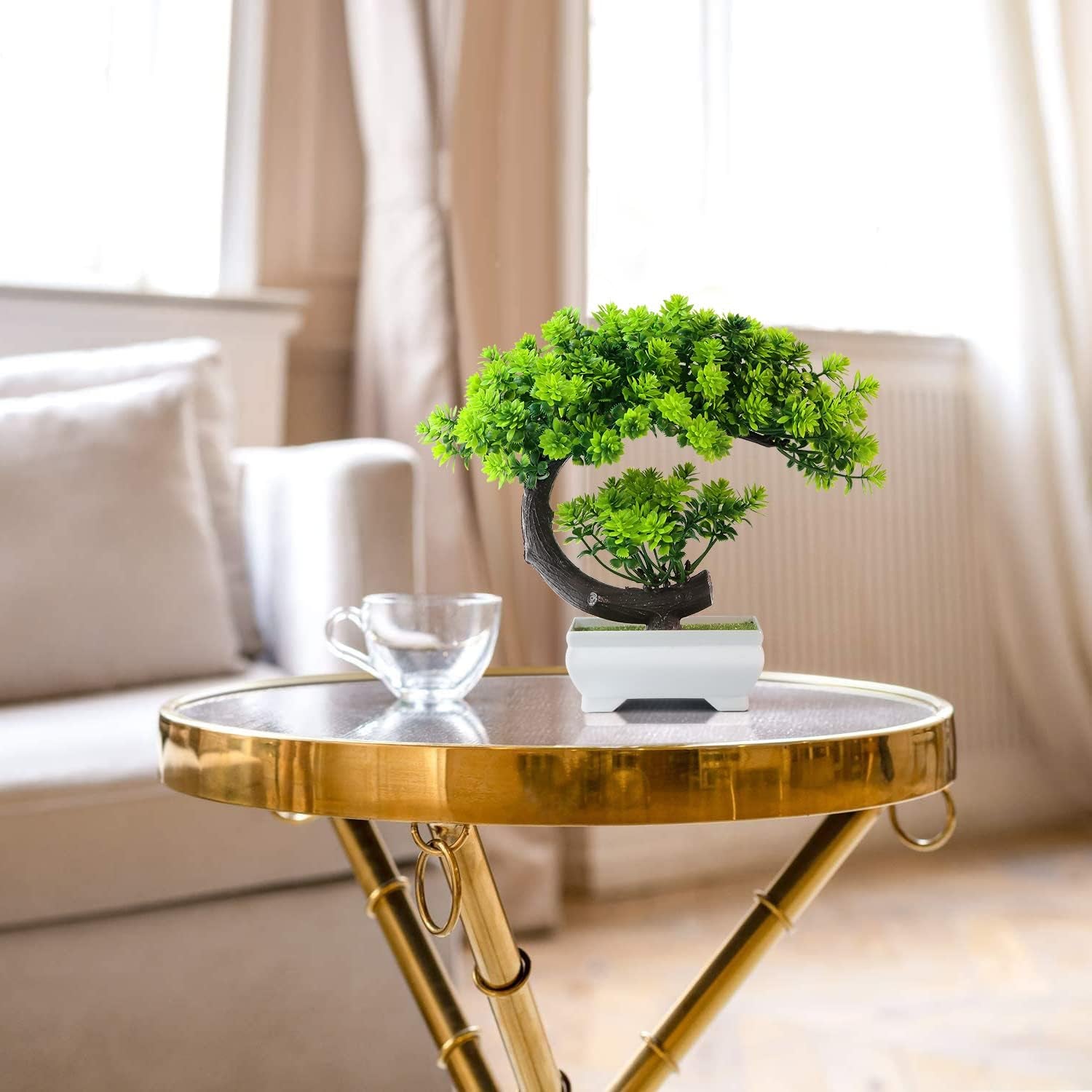 Small Artificial Plants Greenery Desktop Bonsai - Green Plastic Fake Plants for Home Decor, Indoor Bookshelf, Office Desk and Bathroom Room Decor, Tall 8.5"