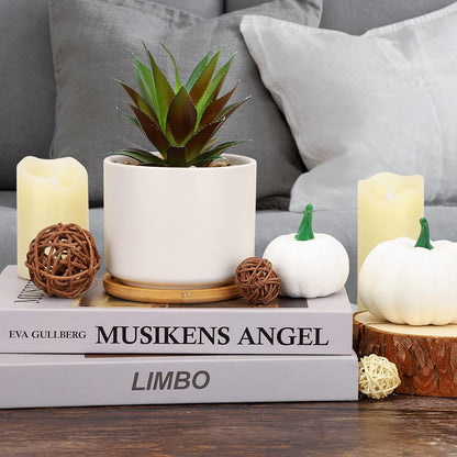 Artificial Succulents in Pot, Fake Potted Pineapple Succulents Plants with Ceramic Pot and Wooden Tray, Potted Artificial Plants for Home, Office Desk and Bathroom Decor 6.8Inch×4.3Inch