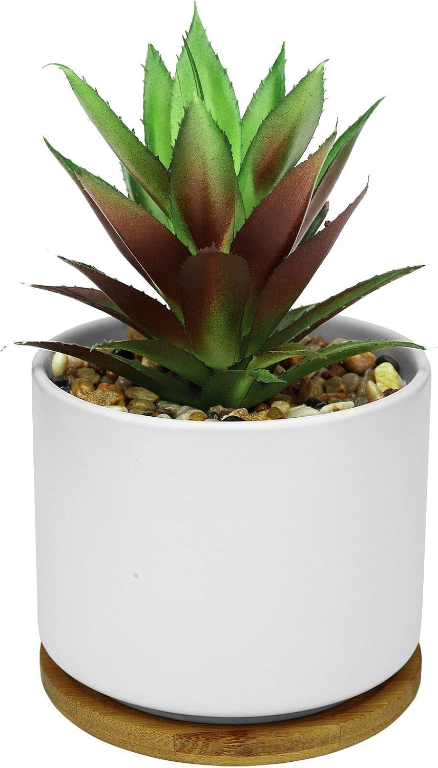 Artificial Succulents in Pot, Fake Potted Pineapple Succulents Plants with Ceramic Pot and Wooden Tray, Potted Artificial Plants for Home, Office Desk and Bathroom Decor 6.8Inch×4.3Inch
