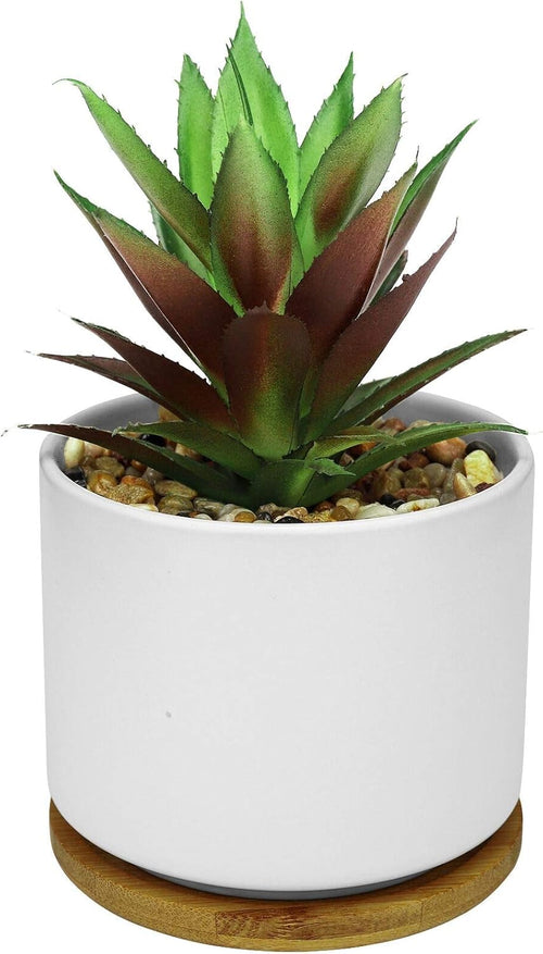 Artificial Succulents in Pot, Fake Potted Pineapple Succulents Plants with Ceramic Pot and Wooden Tray, Potted Artificial Plants for Home, Office Desk and Bathroom Decor 6.8Inch×4.3Inch