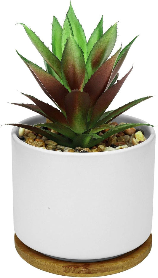 Artificial Succulents in Pot, Fake Potted Pineapple Succulents Plants with Ceramic Pot and Wooden Tray, Potted Artificial Plants for Home, Office Desk and Bathroom Decor 6.8Inch×4.3Inch