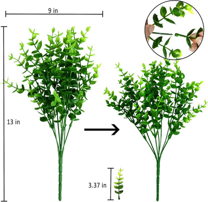8 Bundles Artificial Greenery Stems Fake Plants Outdoor UV Resistant Faux Plastic Boxwood for Kitchen Office Garden Porch Farmhouse Window Box Home Decor