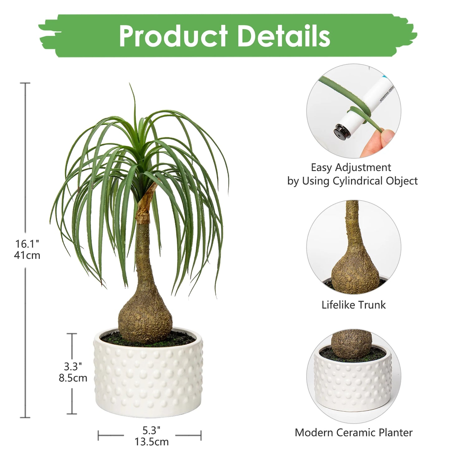 16" Fake Plants Artificial Potted Plants Artificial Ponytail Palm Plant in Pots Faux Bonsai Plants Home Decor