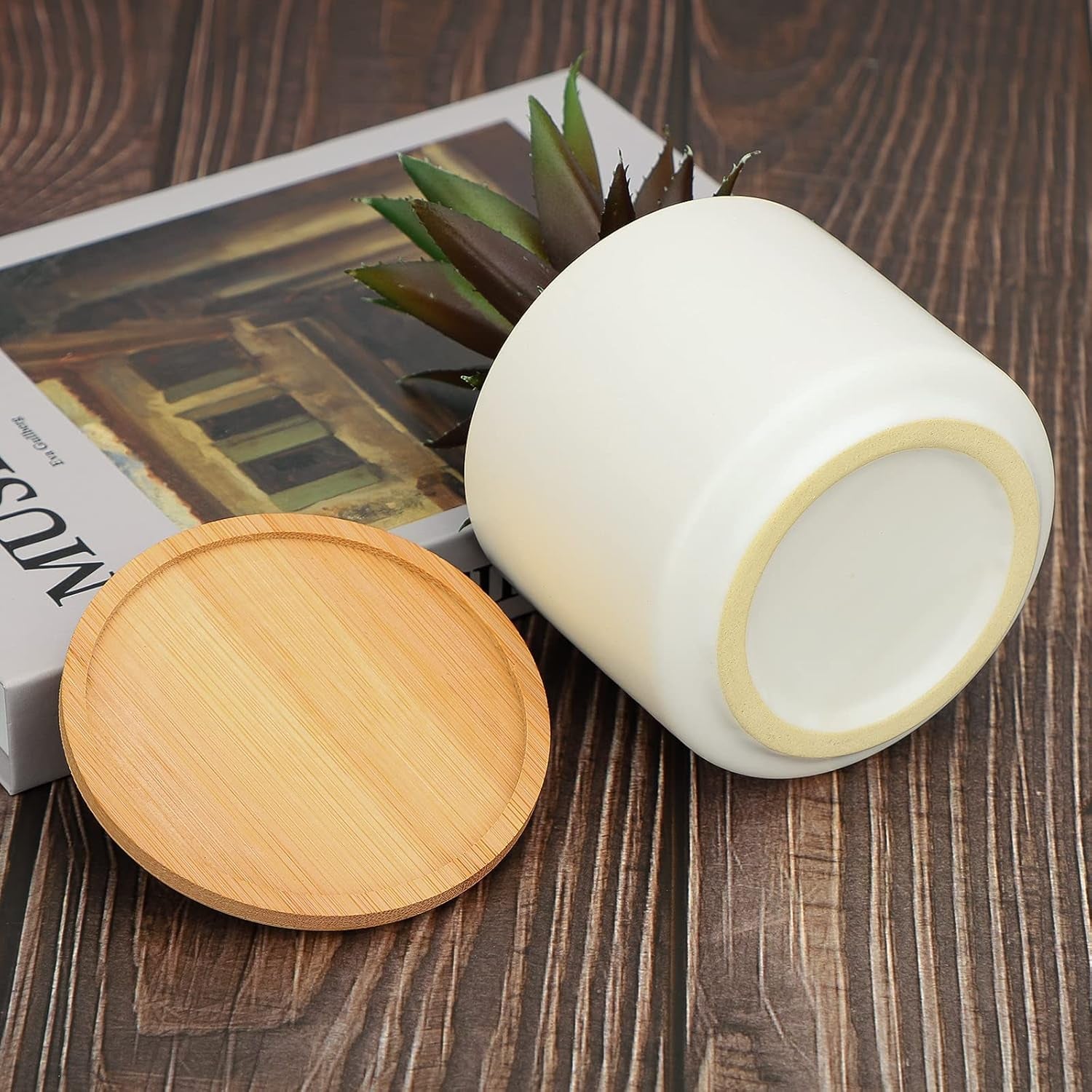 Artificial Succulents in Pot, Fake Potted Pineapple Succulents Plants with Ceramic Pot and Wooden Tray, Potted Artificial Plants for Home, Office Desk and Bathroom Decor 6.8Inch×4.3Inch