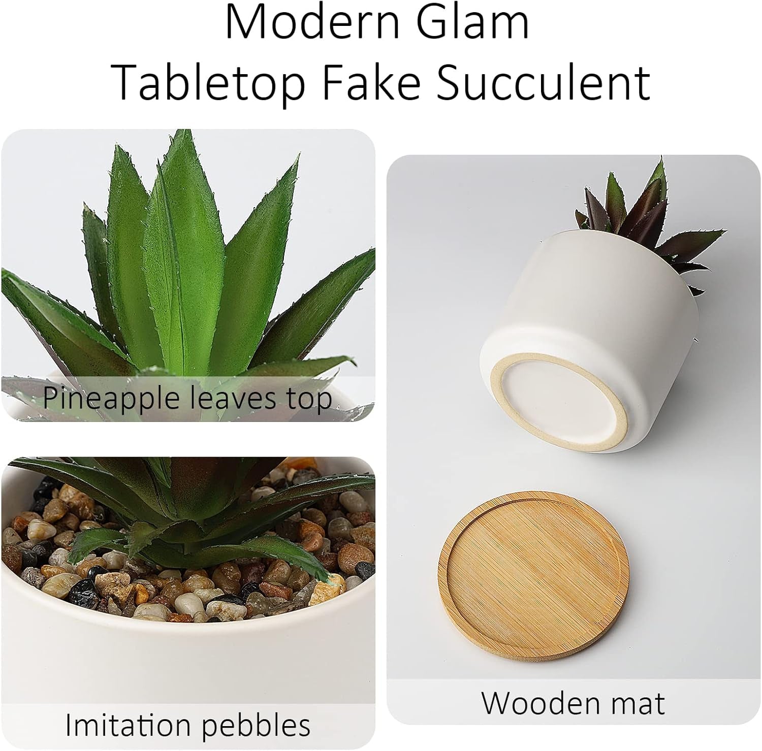 Artificial Succulents in Pot, Fake Potted Pineapple Succulents Plants with Ceramic Pot and Wooden Tray, Potted Artificial Plants for Home, Office Desk and Bathroom Decor 6.8Inch×4.3Inch