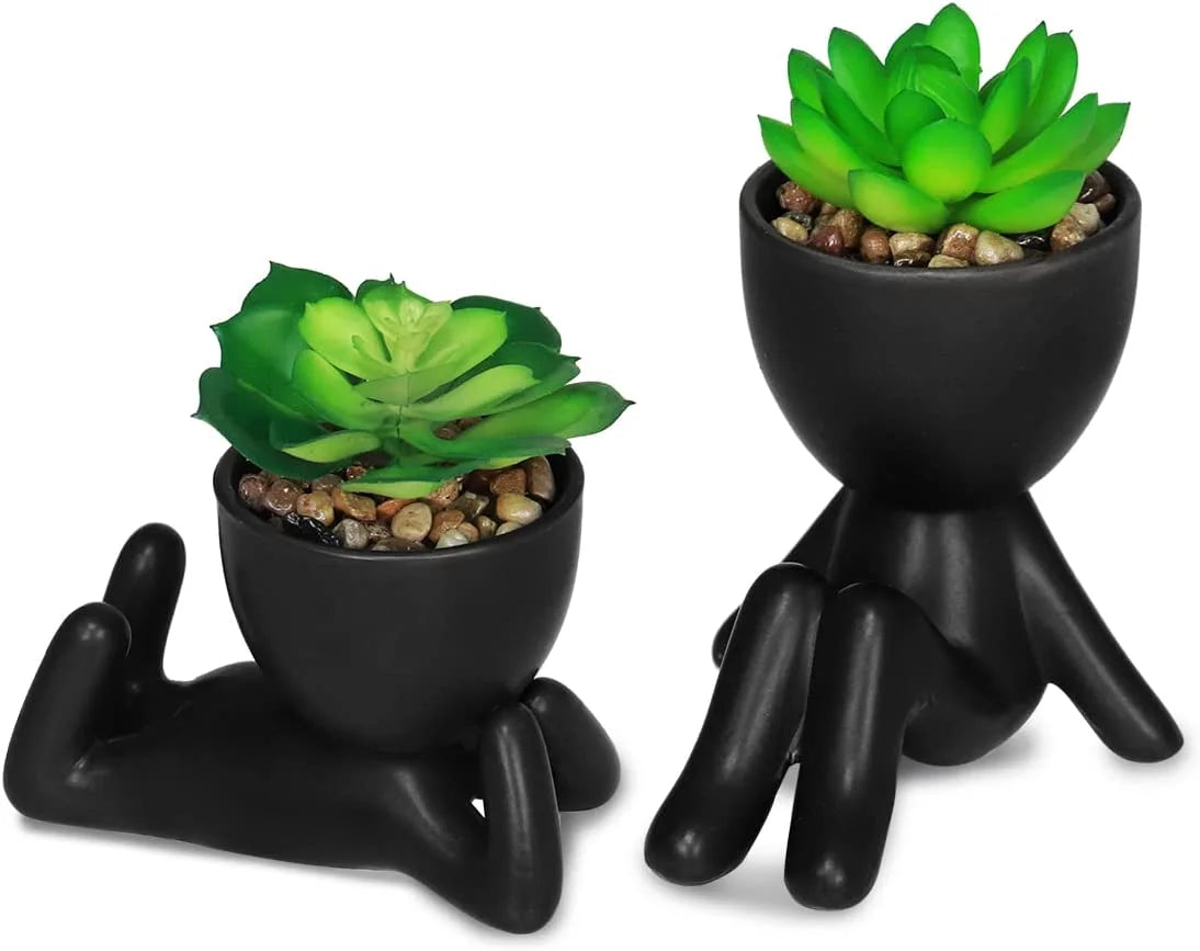 2PCS Cute Artificial Succulent Plants with Creative Human Shaped Pots, Desk Decoration Mini Potted Planter Succulent Decor for Desktop Office Bedroom Table 2PCS (Matte Black)